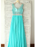 Blue Lace Chiffon Long Prom Dress