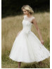 Ivory Chiffon With Feather Decorated Tea Length Wedding Dress