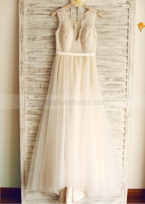 Ivory Lace Tulle Elegant Wedding Dress With Champagne Lining