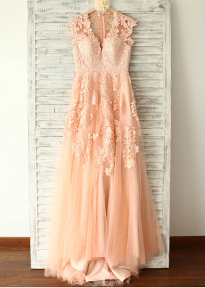 Peach Pink Lace Tulle Classic Wedding Dress