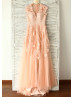 Peach Pink Lace Tulle Classic Wedding Dress