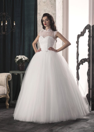 Empire Waist Beaded Neck Cap Sleeves Corset Back Lace Tulle Wedding Dress