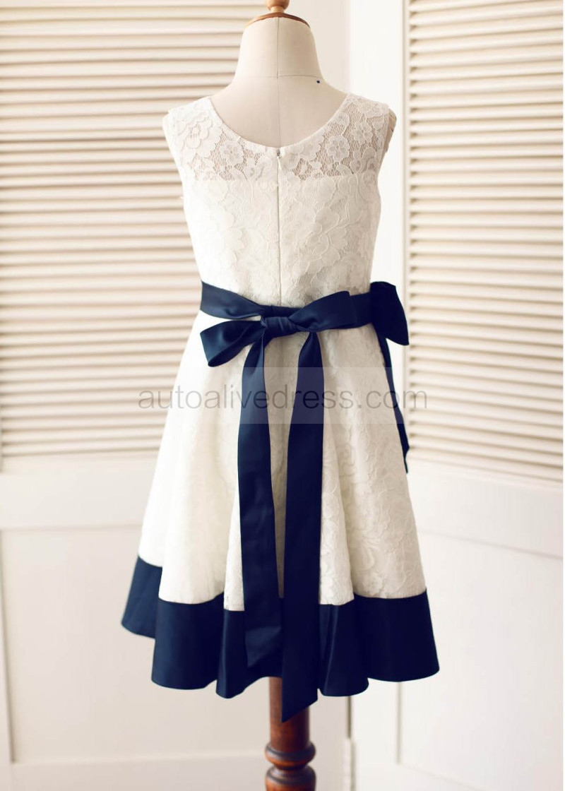 A-line Ivory Lace Flower Girl Dress With Navy Blue Sash