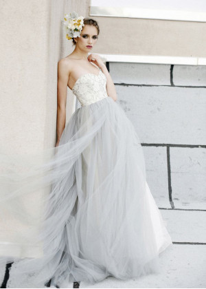 Grey Lace Tulle Long  Prom Dress