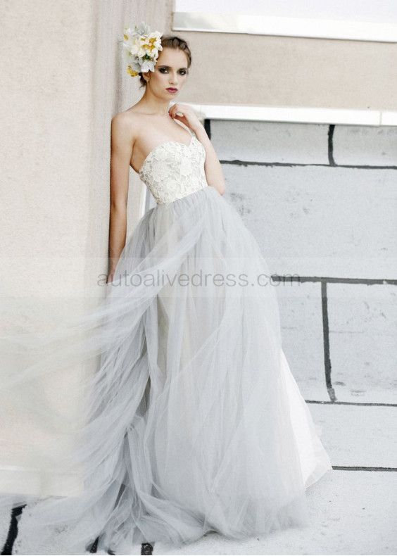 Grey Lace Tulle Long  Prom Dress