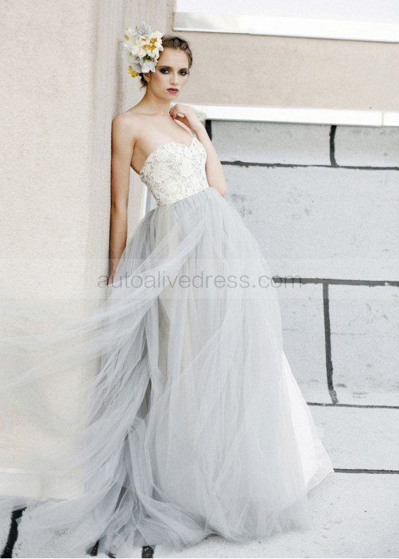 Grey Lace Tulle Long  Prom Dress Grey Lace Tulle Long  Prom Dress
