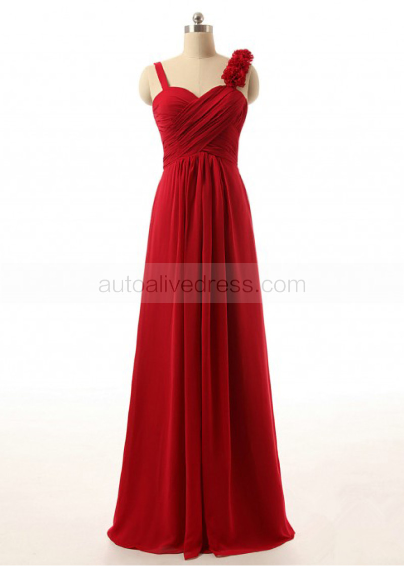 A-line Sweetheart Neckline Red Chiffon Ruched Bridesmaid Dress With  Decorated Flowers