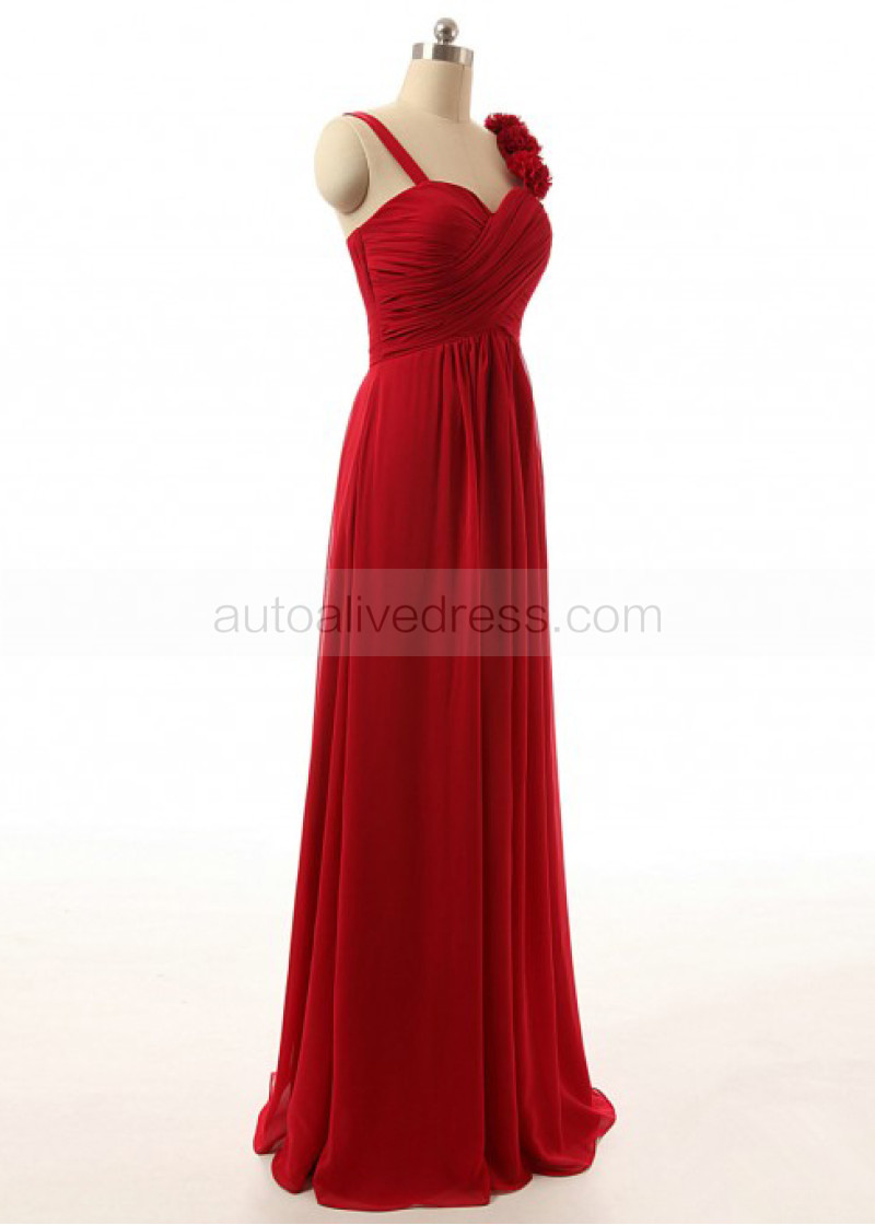 A-line Sweetheart Neckline Red Chiffon Ruched Bridesmaid Dress With  Decorated Flowers