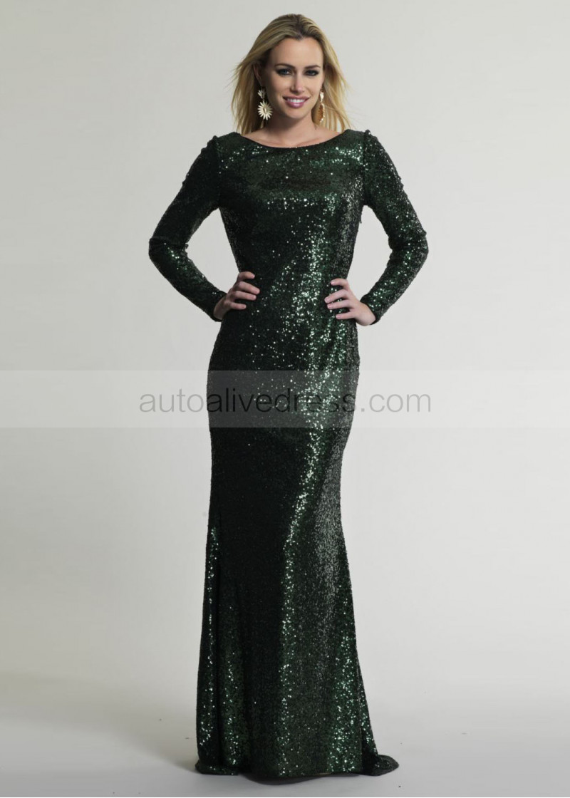 Mermaid Long Sleeves Dark Green Sequin Sexy Evening Dress