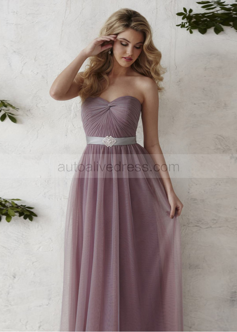 A-line Sweetheart Neck Mauve Ruched Tulle Bridesmaid Dress With Beaded Sash