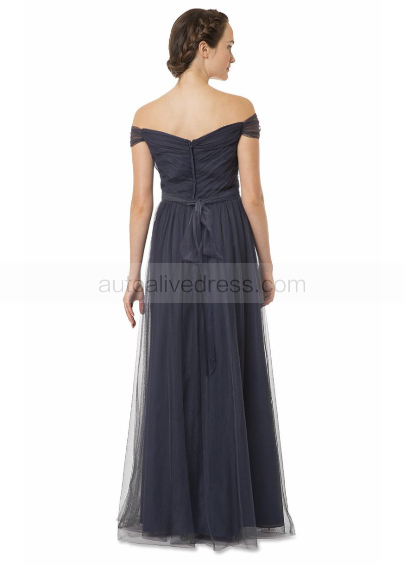 A-line Navy Ruched Tulle Gorgeous Maxi Bridesmaid Dress