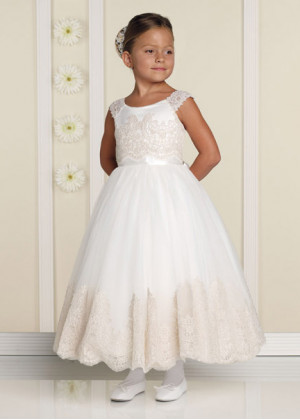 Ivory Satin Tulle Champagne Lace Cap Sleeves Tea Length Flower Girl Dress  Ivory Satin Tulle Champagne Lace Cap Sleeves Tea Length Flower Girl Dress
