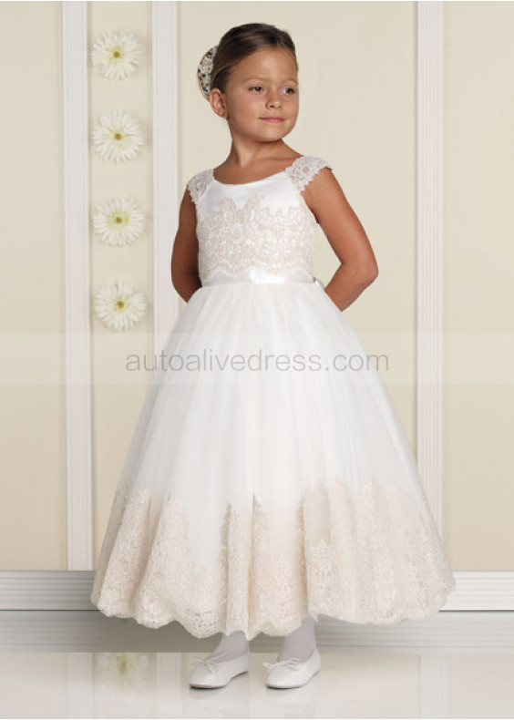 Ivory Satin Tulle Champagne Lace Cap Sleeves Tea Length Flower Girl Dress 