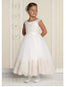 Ivory Satin Tulle Champagne Lace Cap Sleeves Tea Length Flower Girl Dress 