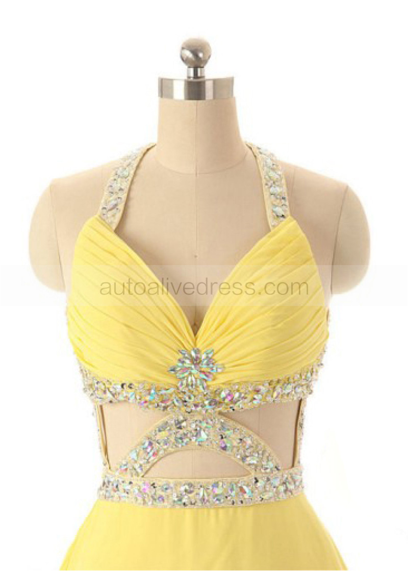 Yellow Chiffon Beads Backless Sexy Knee Length Prom Dress
