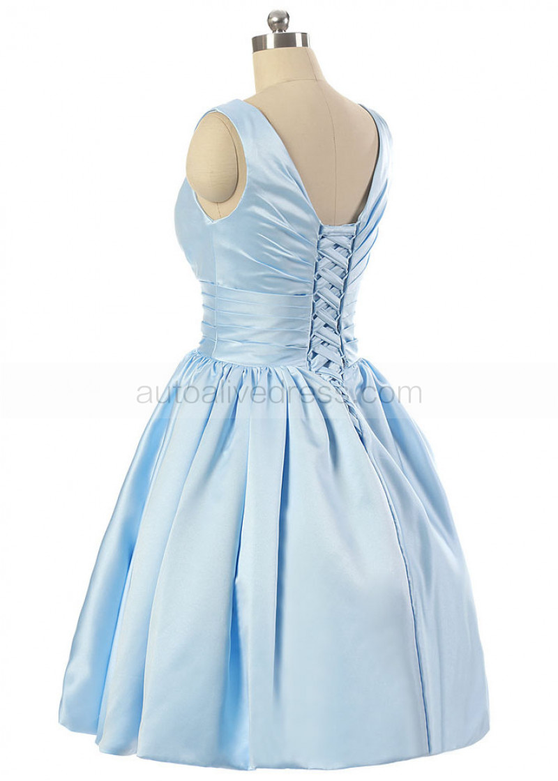 Satin Pale Blue Short Bridesmaid Dresses Sky Blue Satin V Neckline Corset  Back Knee Length Bridesmaid