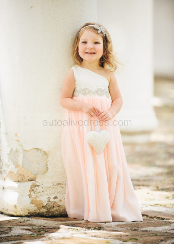 Ivory And Pink One Shoulder Satin Chiffon Flower Girl Dress