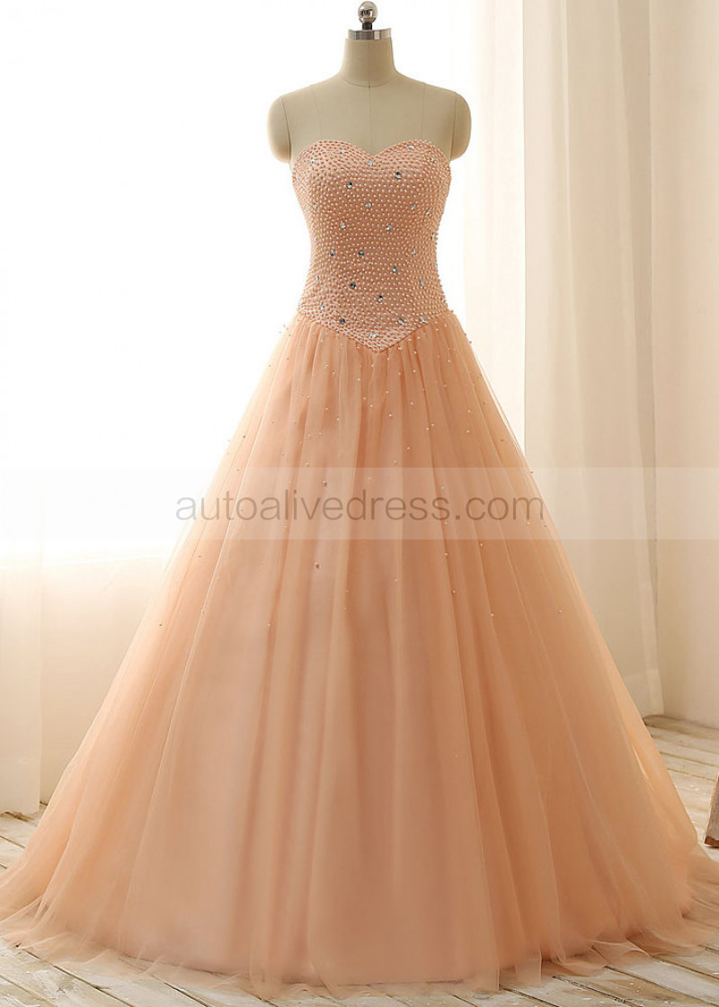 Peach Tulle Beads Sweetheart Neckline Long Prom Dress