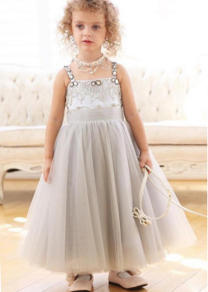 Beaded Gray Satin Tulle Flower Girl Dress Photoshoot Dress