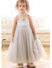 Beaded Gray Satin Tulle Flower Girl Dress Photoshoot Dress