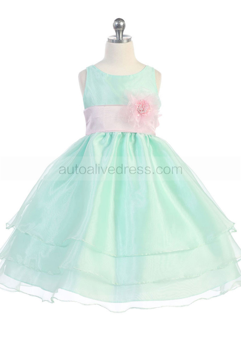 A-line Blush Pink Organza Tea Length Tiered Flower Girl Dress With ...
