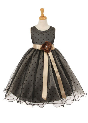 Black Polka Dot Tulle Tea Length Curly Hem Flower Girl Dress