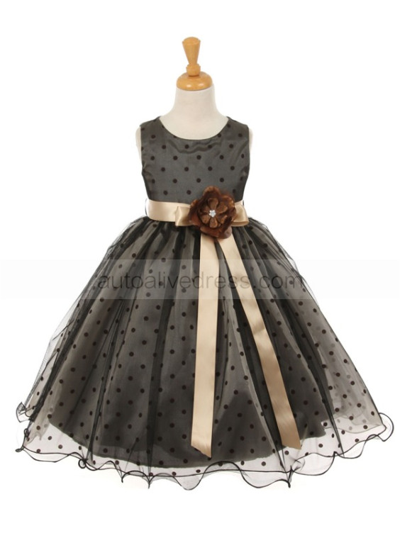 Black Polka Dot Tulle Tea Length Curly Hem Flower Girl Dress Black Polka Dot Tulle Tea Length Curly Hem Flower Girl Dress