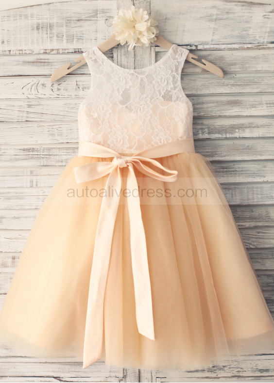  Champagne Lace Tulle Knee Length Flower Girl Dress