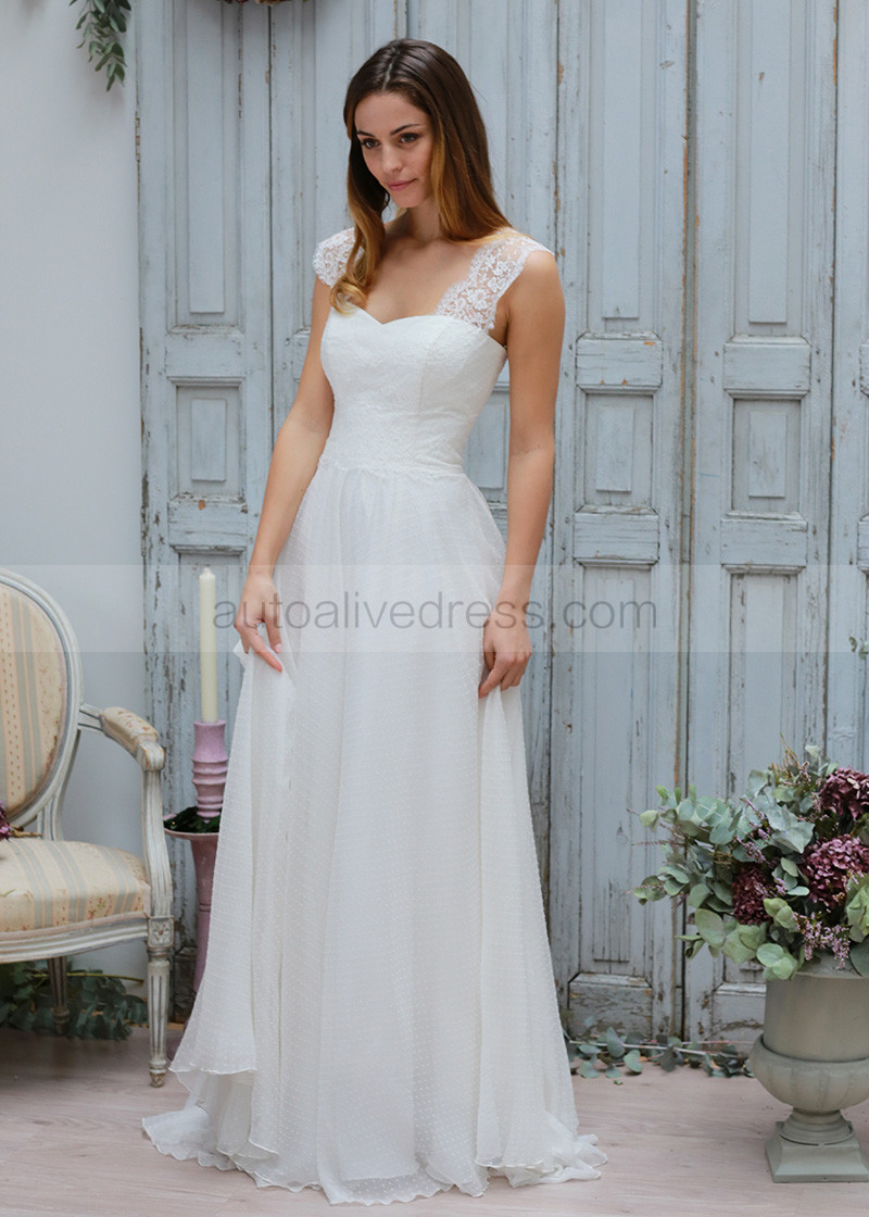 A-line Ivory Lace Polka Dot Organza Cheap Beautiful Wedding Dress