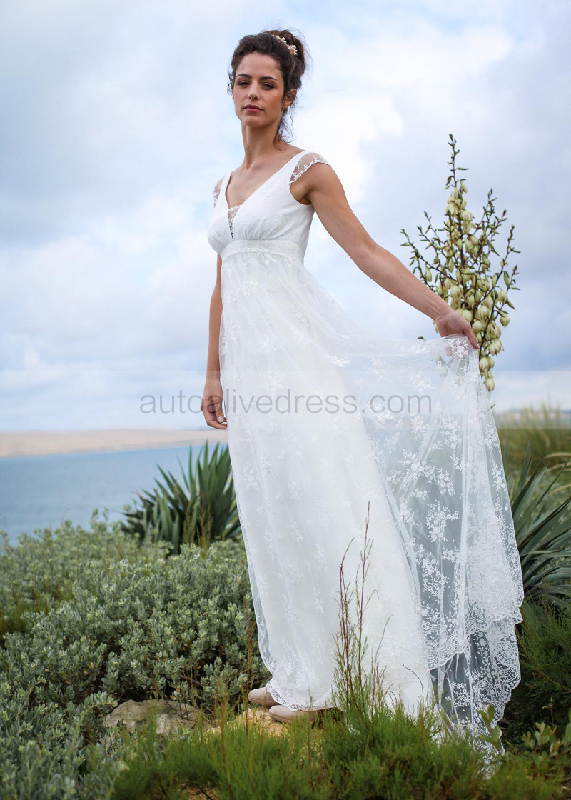 Empire Waist Cap Sleeves Ivory Full Lace Elegant Wedding Dress