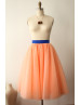 Peach Pink Tulle Royal Blue Satin Belt Short Skirt