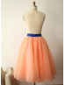 Peach Pink Tulle Royal Blue Satin Belt Short Skirt