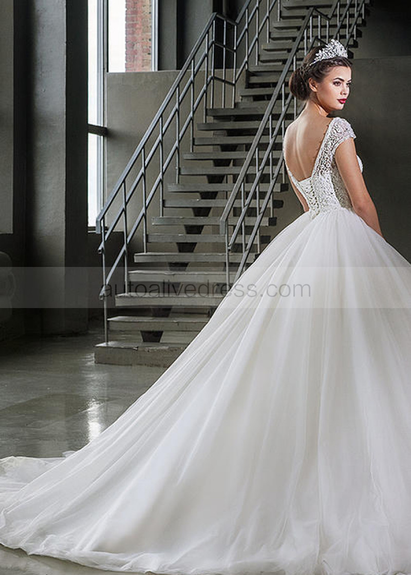 A Line Boat Neck Cap Sleeves Corset Back Ivory Lace Tulle Wedding Boat Neck Ivory Lace Tulle Corset Back Cap Sleeves Beaded Wedding Dress