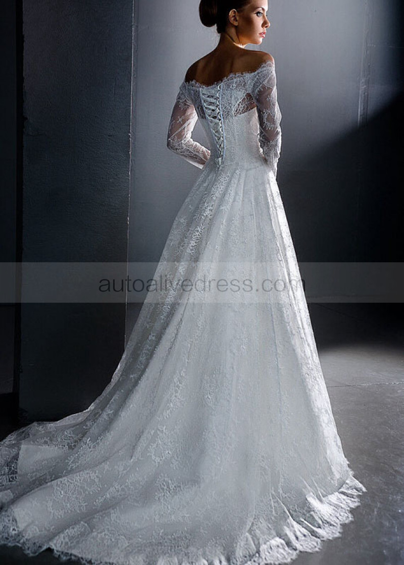 Off Shoulder Long Sleeves Corset Back Sweep Train Ivory Lace Wedding A Line Ivory Lace Off Shoulder Long Sleeves Corset Back Beaded Sash Sweep Train Wedding