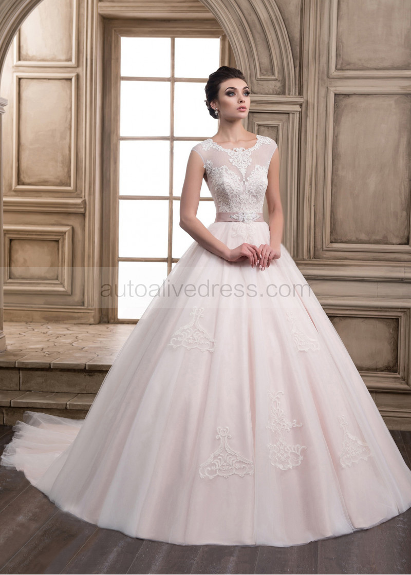 A Line Illusion Neck Sleeveless Ons Back Ivory Beaded Lace Tulle Illusion Neck Ivory Beaded Lace Tulle Wedding Dress With Dusty Pink Lining