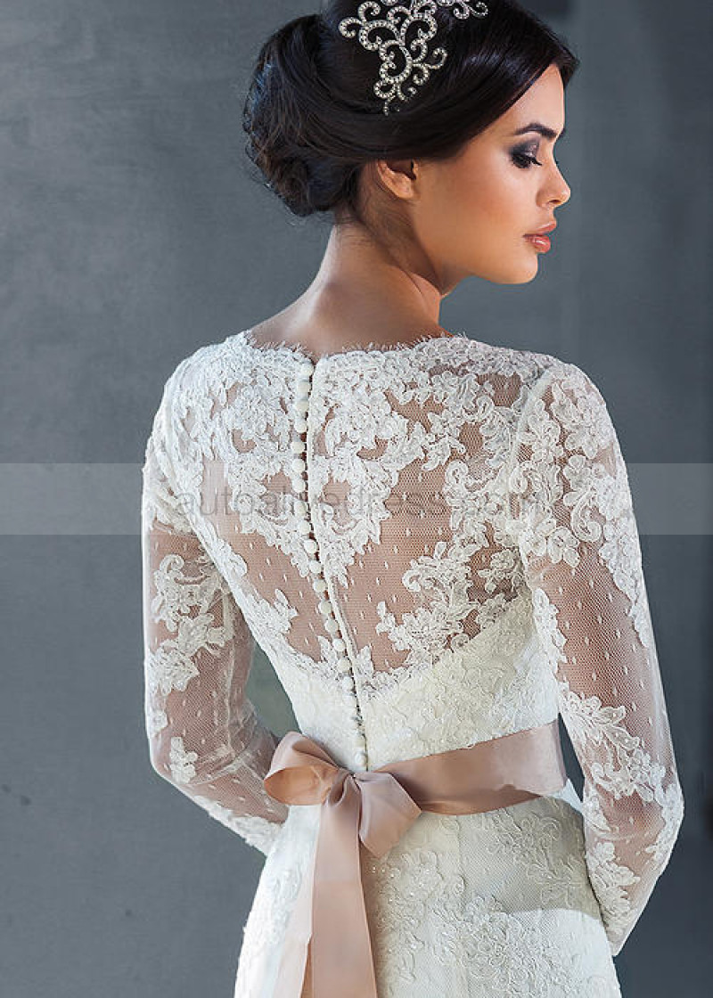A-line V Neck Long Sleeves Buttons Back Ivory Lace Polka Dots Tulle Wedding Dress With Champagne Beaded Sash A-line V Neck Long Sleeves Buttons Back Ivory Lace Polka Dots Tulle Wedding Dress With Champagne Beaded Sash