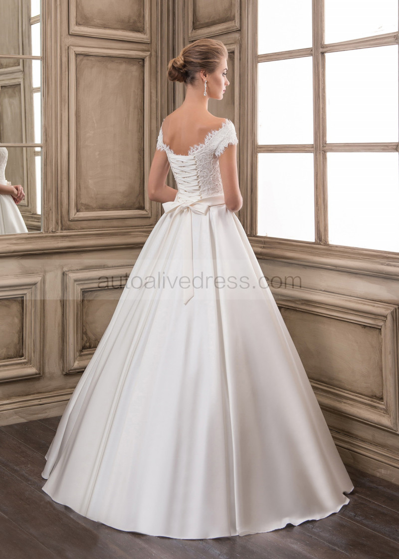 A-line Corset Back Off Shoulder Ivory Lace Satin Wedding Dress