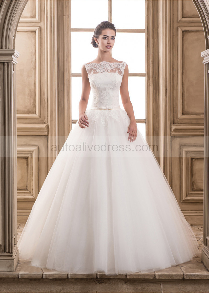 A-line Sabrina Neckline Keyhole Back Ivory Lace Tulle Wedding Dress