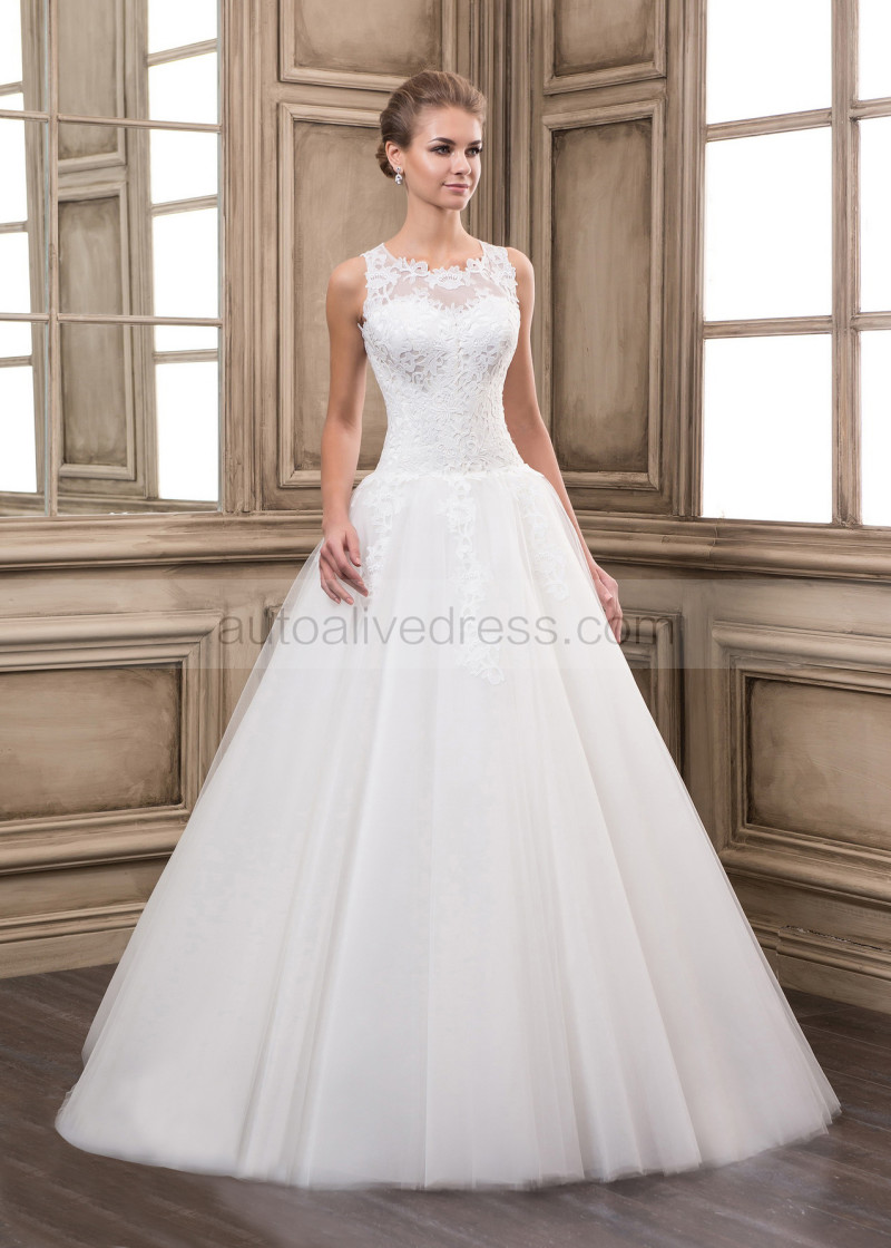 A-line Illusion Neck Sleeveless Keyhole Back Ivory Lace Tulle Wedding Dress