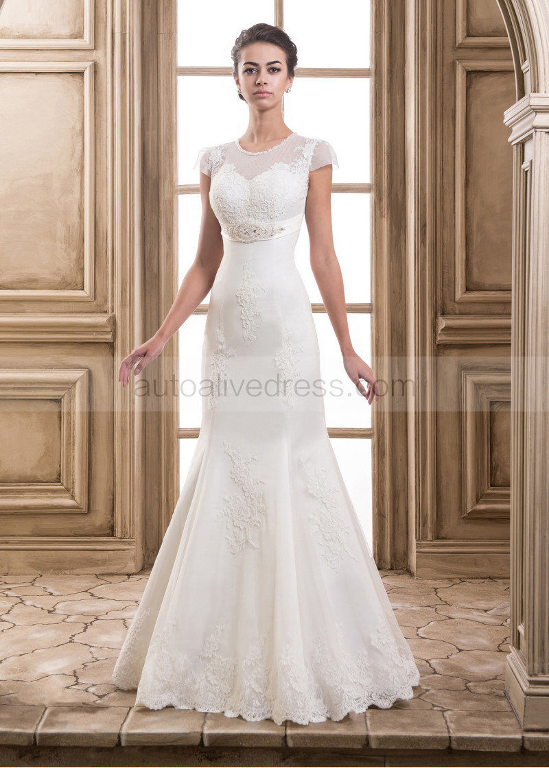 sachin and babi light blue dress Illusion Short Sleeve White Lace & Tulle Wedding Dress main image 0