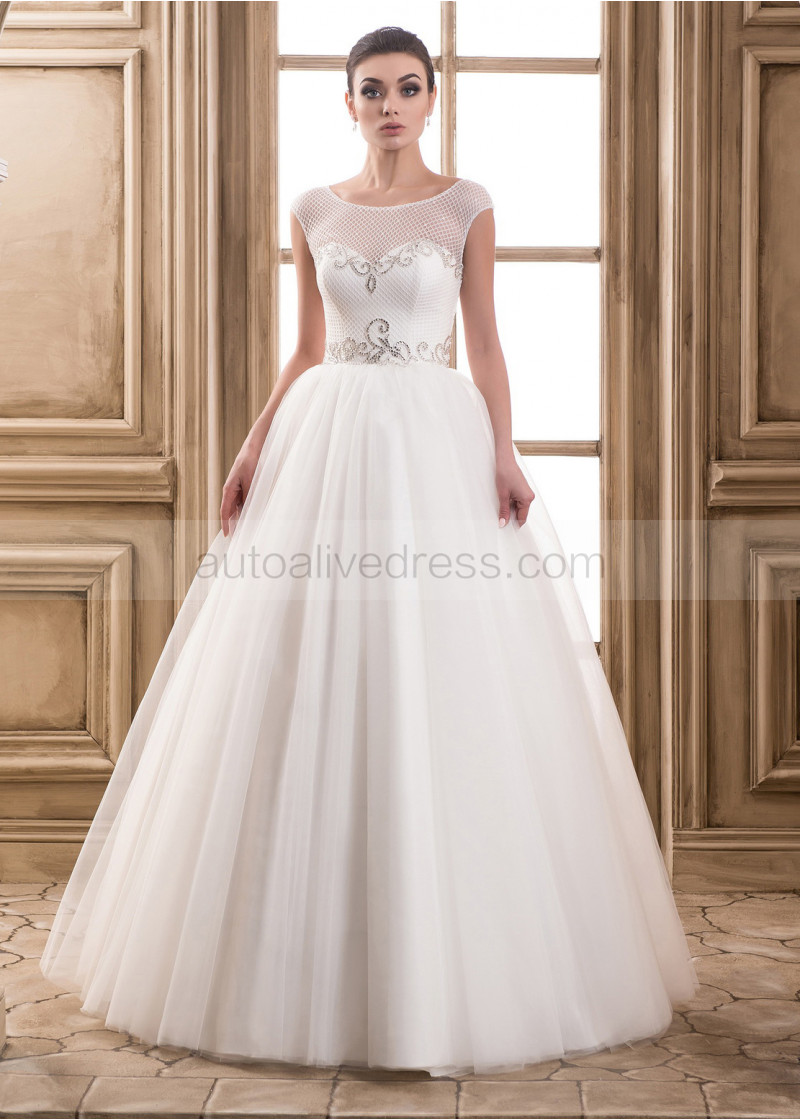A-line Illusion Neck Ivory Beaded Tulle Pearl Buttons Back Wedding Dress