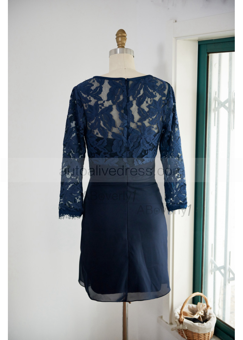 Sheath Long Sleeve Navy Blue Lace Chiffon Knee Length Mother Dress