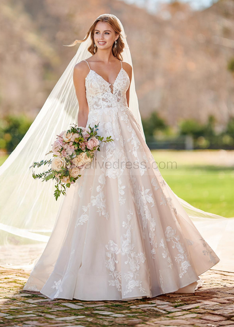 A-line Beaded Ivory Lace Tulle Cross Back Wedding Dress