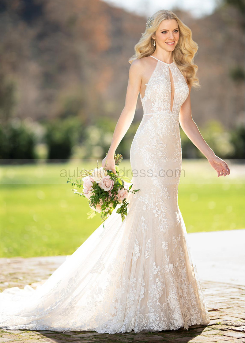 Mermaid Sexy Halter Beaded Ivory Lace Tulle Keyhole Back Wedding Dress