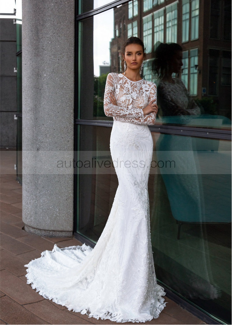 Mermaid Beaded Long Sleeve White Lace Buttons Back Wedding Dress