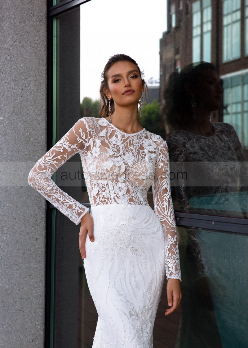 fitted lace wedding dress Zapaka Women Ivory A Line Long Sleeves Wedding Dress with Ruffles Satin Square Neck Reception Dress, Ivory / US6 main image 0