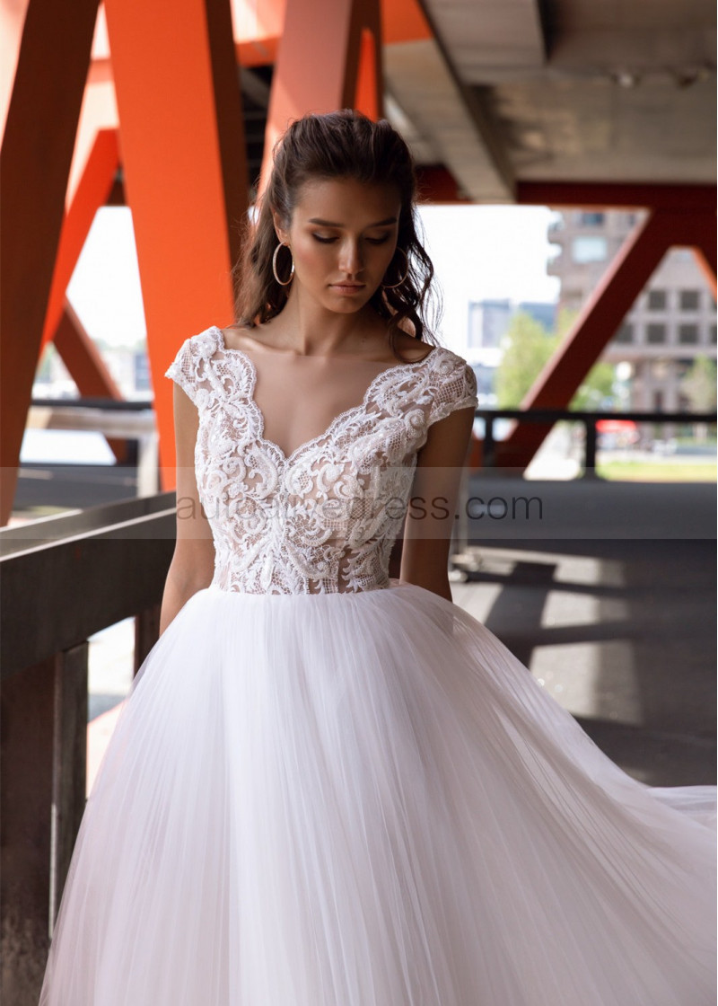 A-line Cap Sleeve Ivory Lace Pleated Tulle Wedding Dress