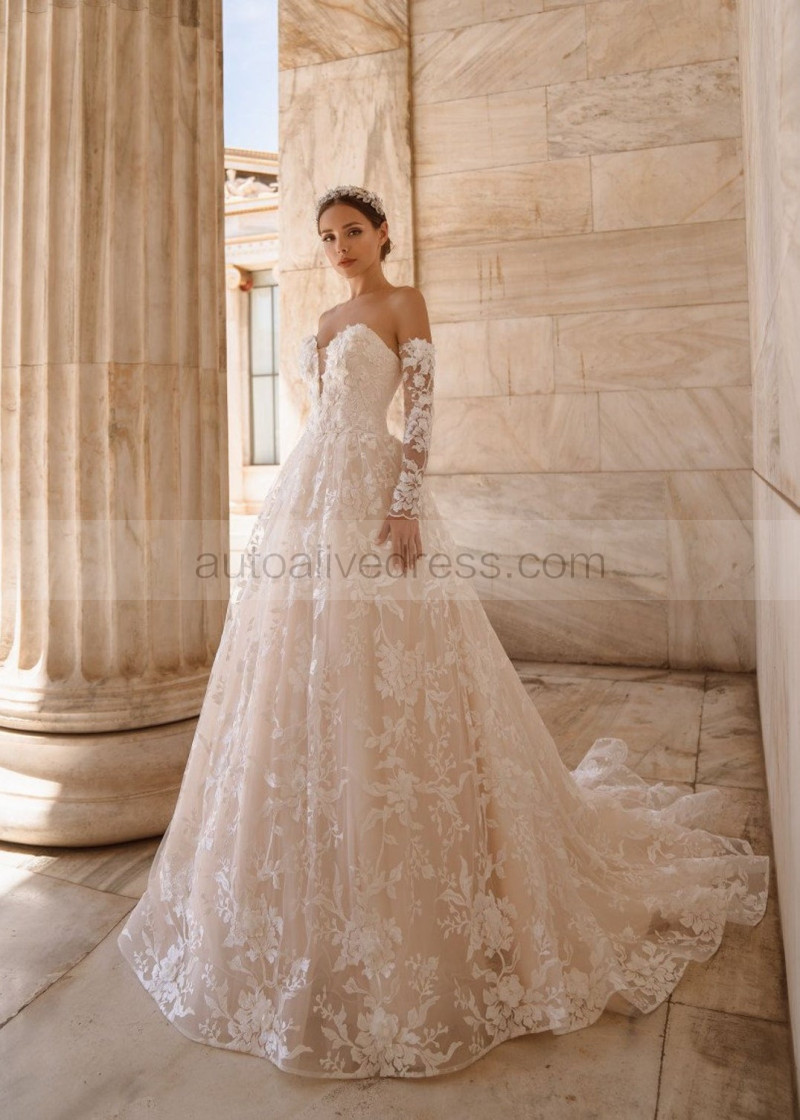 white christmas dresses Modest Lace Long Sleeve Balll Gown Wedding Dresses V-neck Corset Back –  Viniodress main image 1