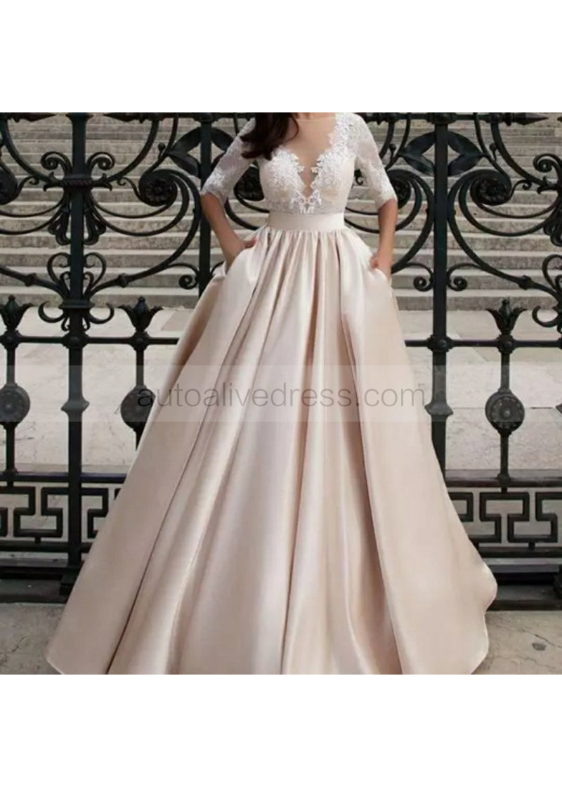 champagne satin maternity dress Champagne Lace Satin Wedding Dress Maternity Dress With Pockets
