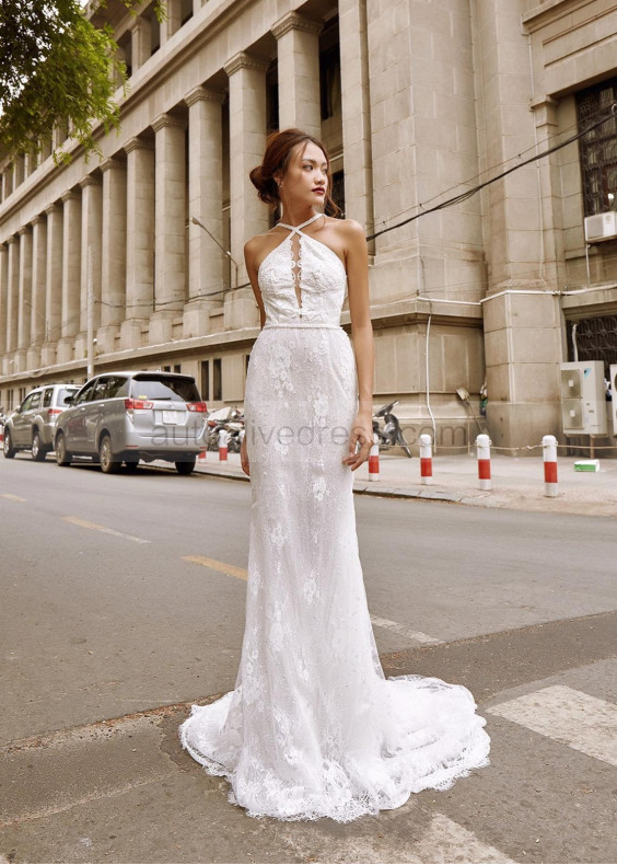 Mermaid Halter Beaded Ivory Eyelash Lace Backless Wedding Dress Mermaid Halter Beaded Ivory Eyelash Lace Backless Wedding Dress